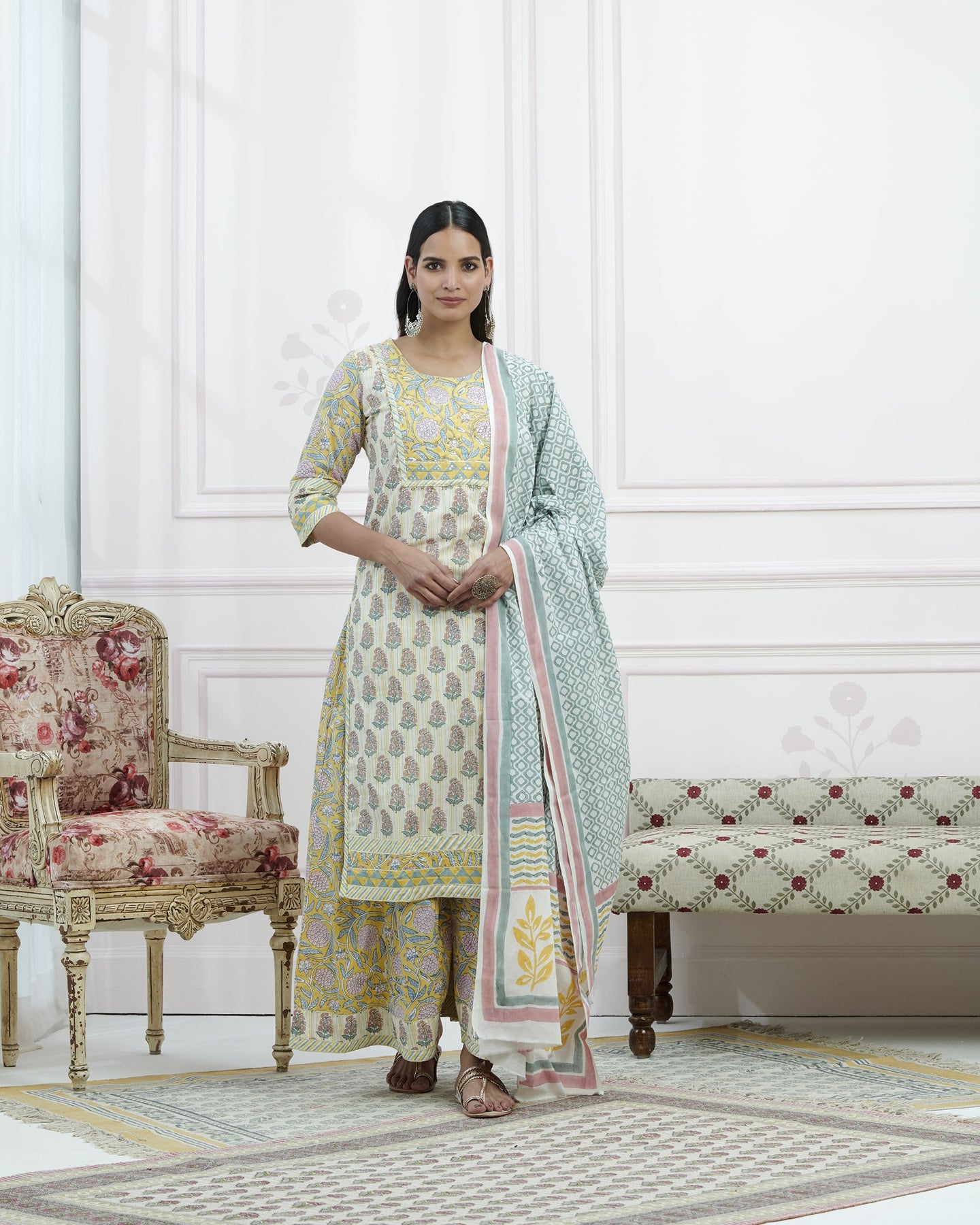 Hand Block Bagru Booti Print Plazzo Set With Seqin Hand Emb At Yoke